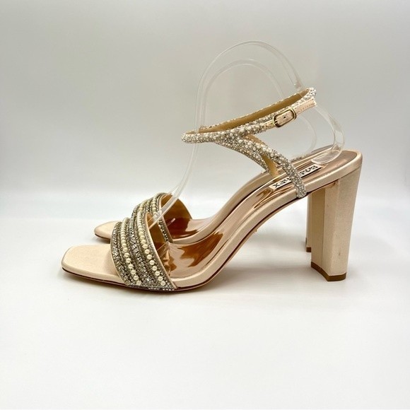 Badgley Mischka Size 11 Kari Soft Nude Satin Jeweled Block Open Toe Heels Shoes - Picture 6 of 12